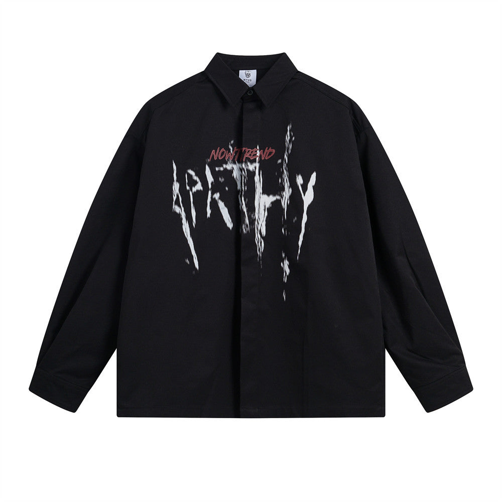 High Street Dark Graffiti Letter Printing Long Sleeve Shirt Spring And Autumn Men's Casual Loose Lapel Japanese Style Shirt Trend