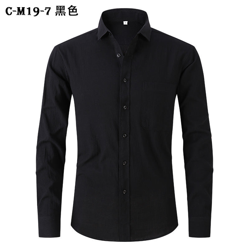 Amazon Cross-border Explosions Men's Imitation Cotton And Linen Shirt Black Long Sleeve Business Slim Handsome Outer Shirt Autumn Men