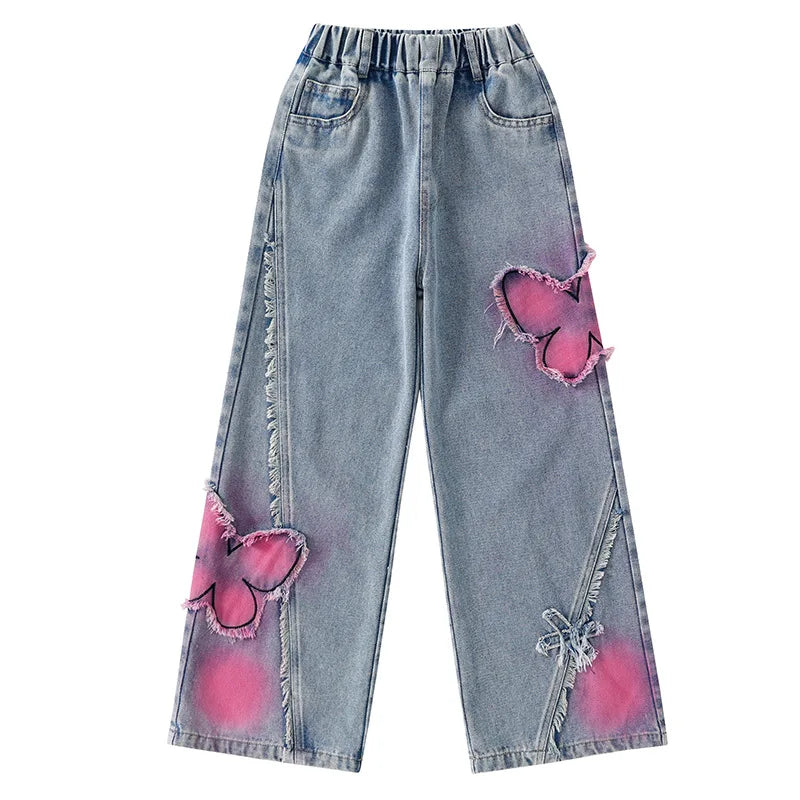 2024 Big Hot Deals Girls Fashion Spray-Painting Butterfly Denim Wide