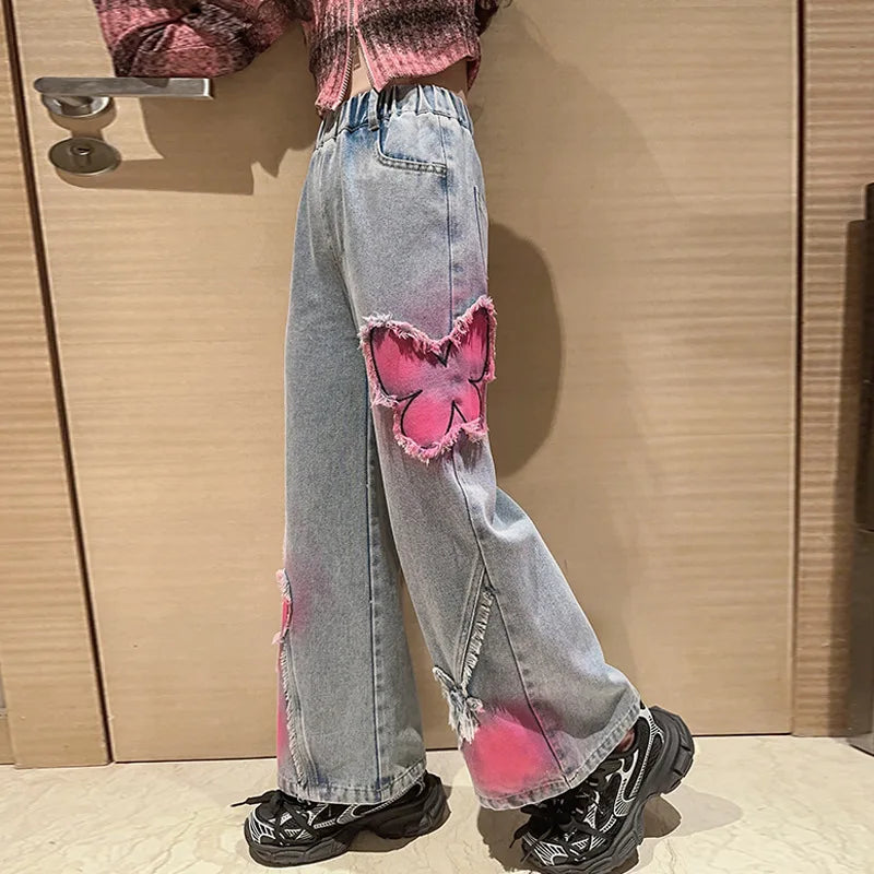 2024 Big Hot Deals Girls Fashion Spray-Painting Butterfly Denim Wide
