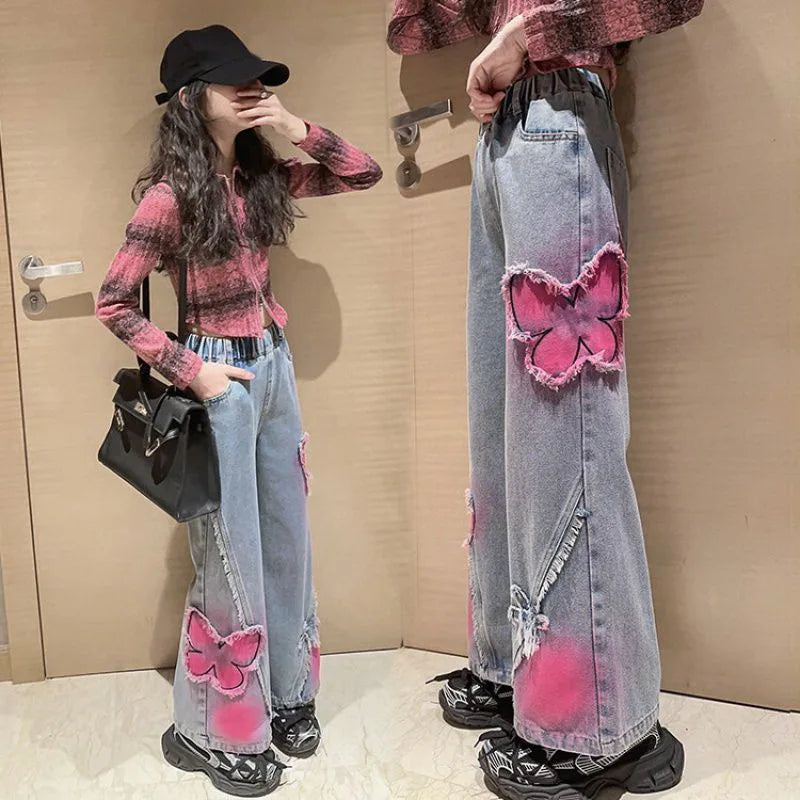 2024 Big Hot Deals Girls Fashion Spray-Painting Butterfly Denim Wide
