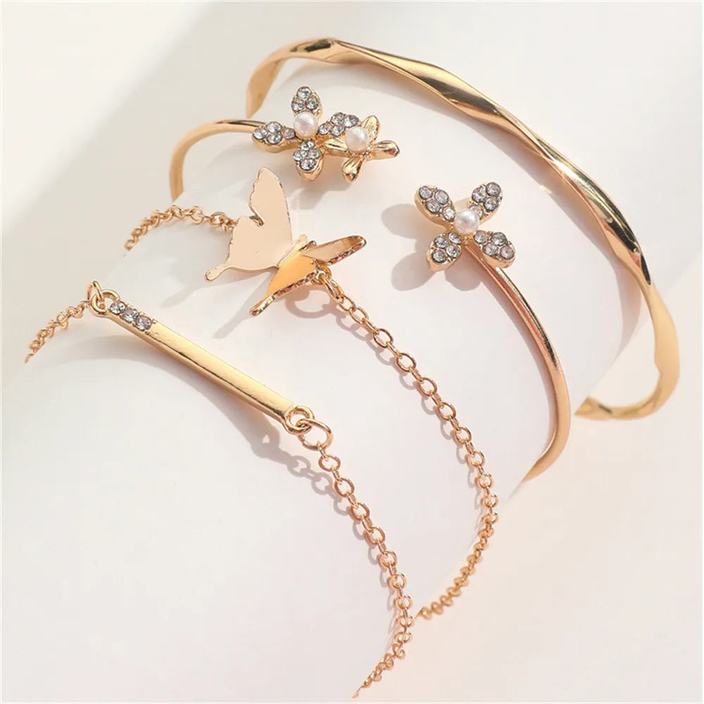 Vintage Gold Color Cuff Bracelet Set of 4 Stainless Steel Butterfly