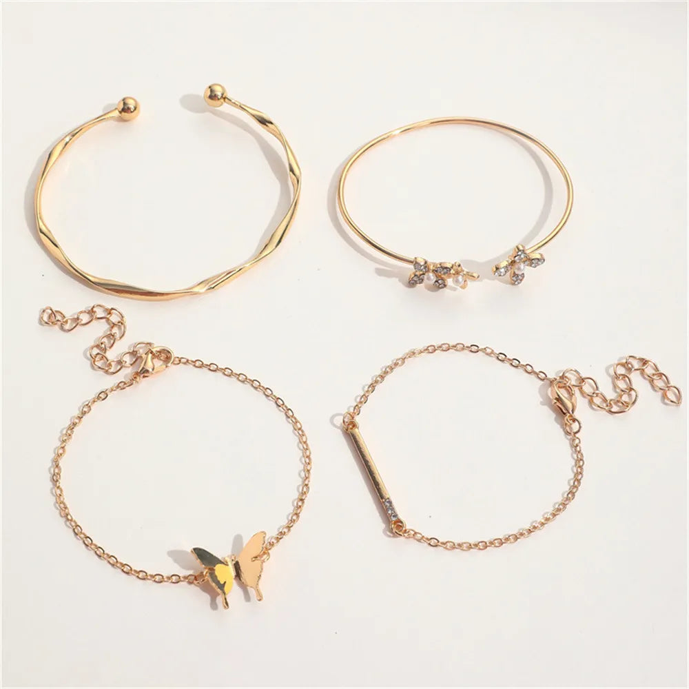 Vintage Gold Color Cuff Bracelet Set of 4 Stainless Steel Butterfly