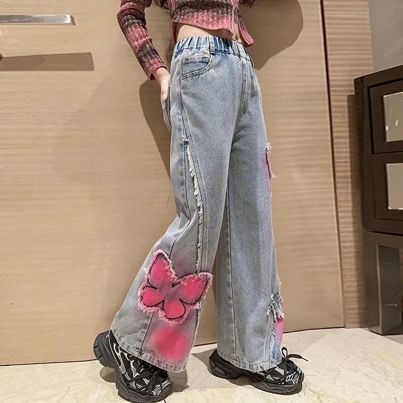 2024 Big Hot Deals Girls Fashion Spray-Painting Butterfly Denim Wide
