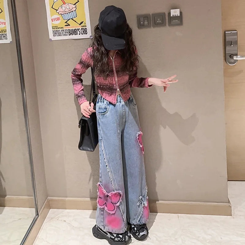 2024 Big Hot Deals Girls Fashion Spray-Painting Butterfly Denim Wide