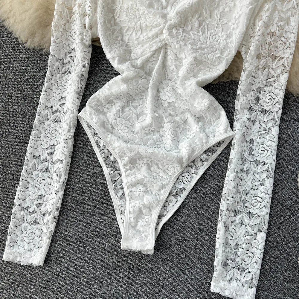 Sexy Mesh Lace Bodysuit Fashion Long Sleeve V-neck One Piece Basic