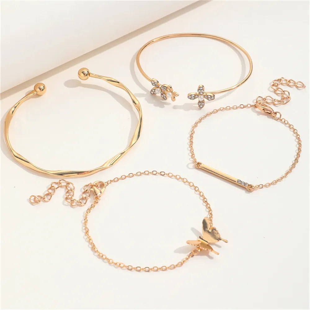 Vintage Gold Color Cuff Bracelet Set of 4 Stainless Steel Butterfly
