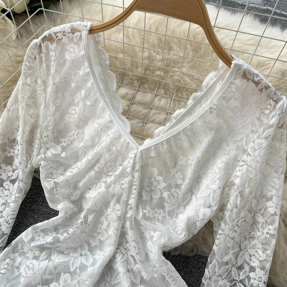 Sexy Mesh Lace Bodysuit Fashion Long Sleeve V-neck One Piece Basic
