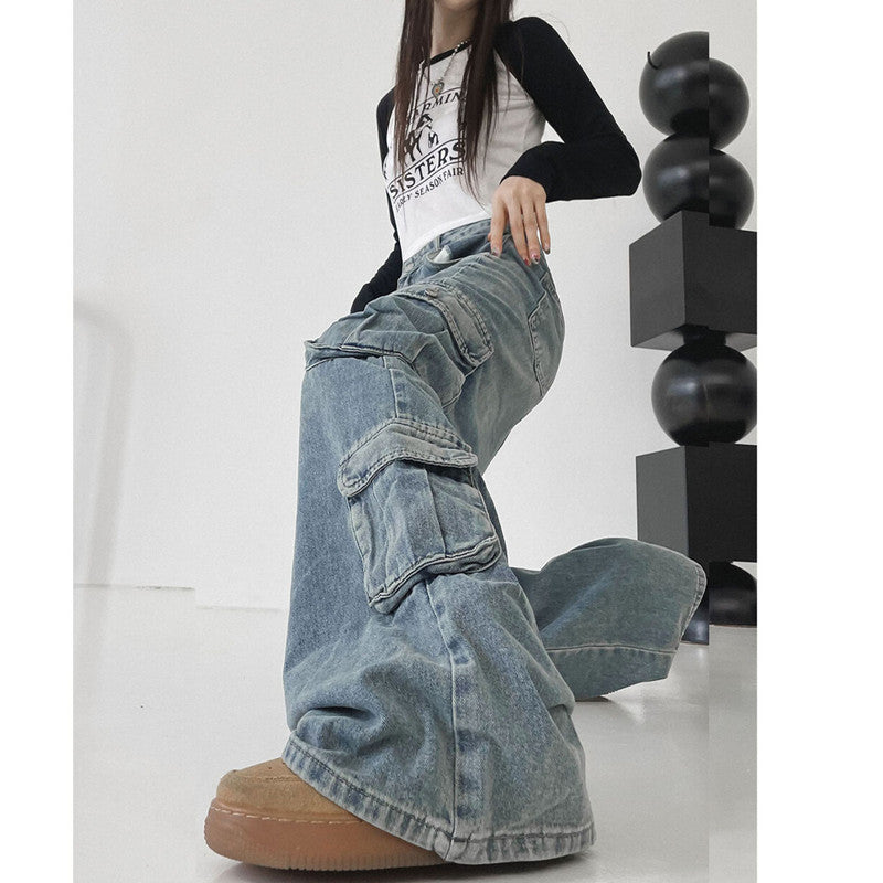 Worn Blue Loose Draping Straight Tube Mop Pants