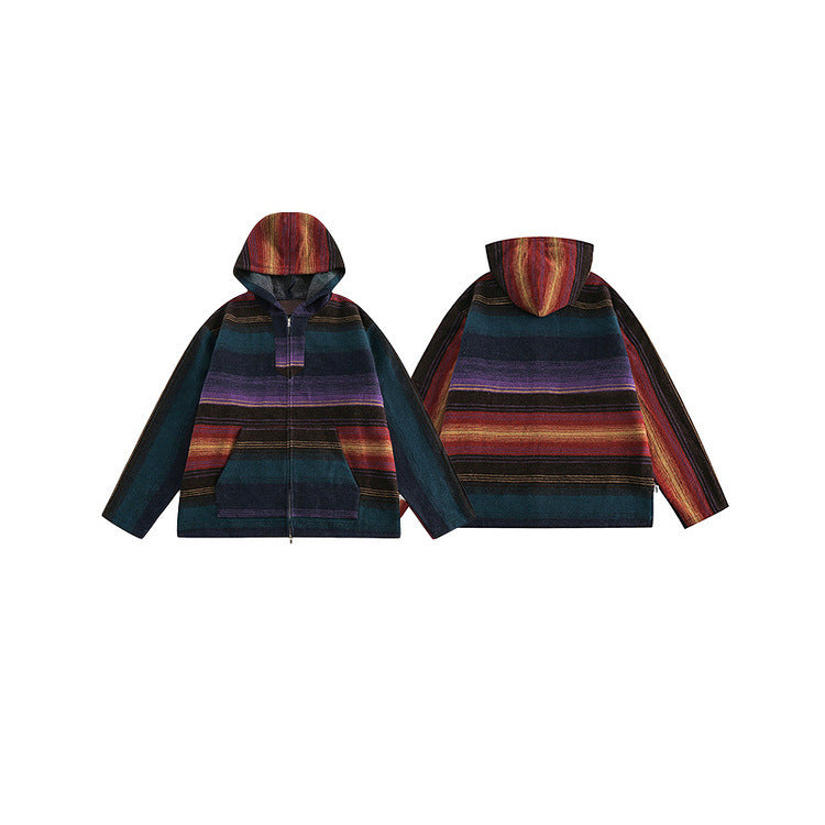 Men's Retro Horizontal Striped Vintage Hooded Jacket