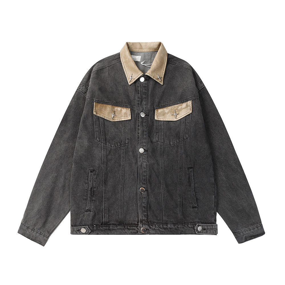 Contrast Color Leather Patchwork Lapel Pocket Denim Clothes Jacket