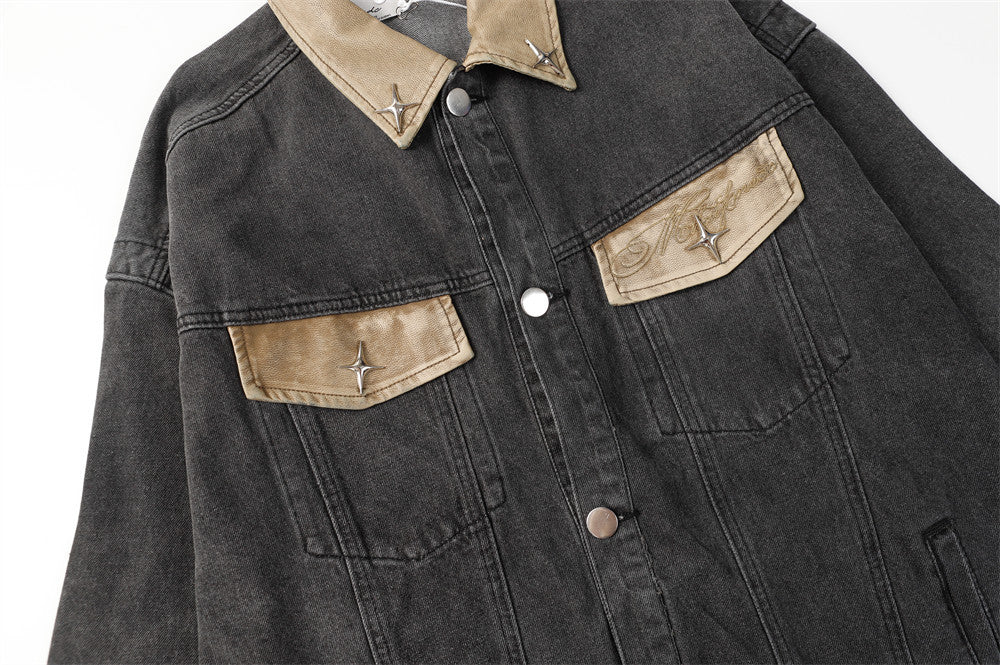 Contrast Color Leather Patchwork Lapel Pocket Denim Clothes Jacket