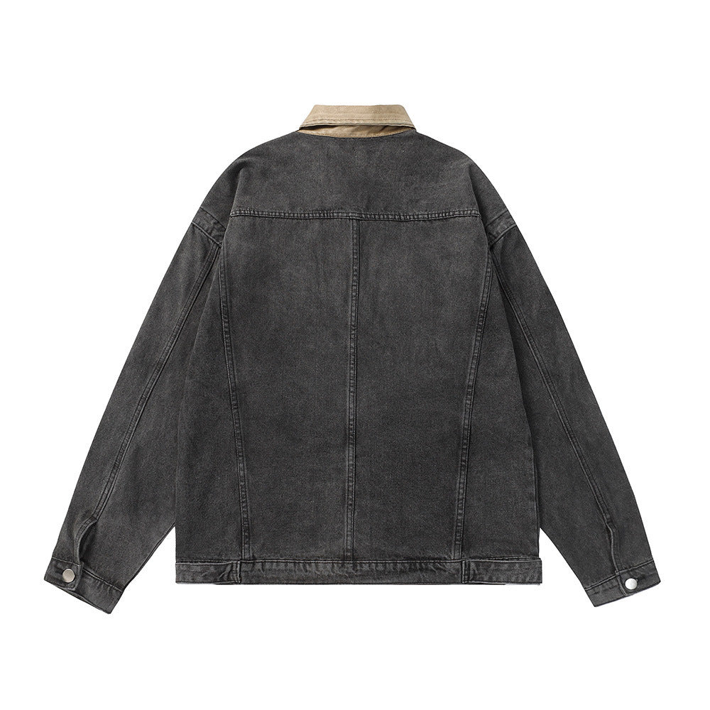 Contrast Color Leather Patchwork Lapel Pocket Denim Clothes Jacket
