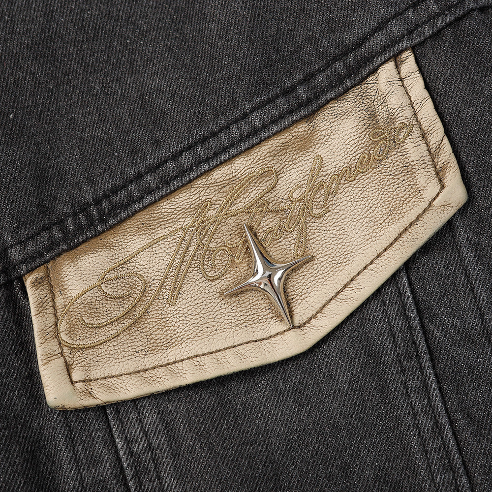 Contrast Color Leather Patchwork Lapel Pocket Denim Clothes Jacket