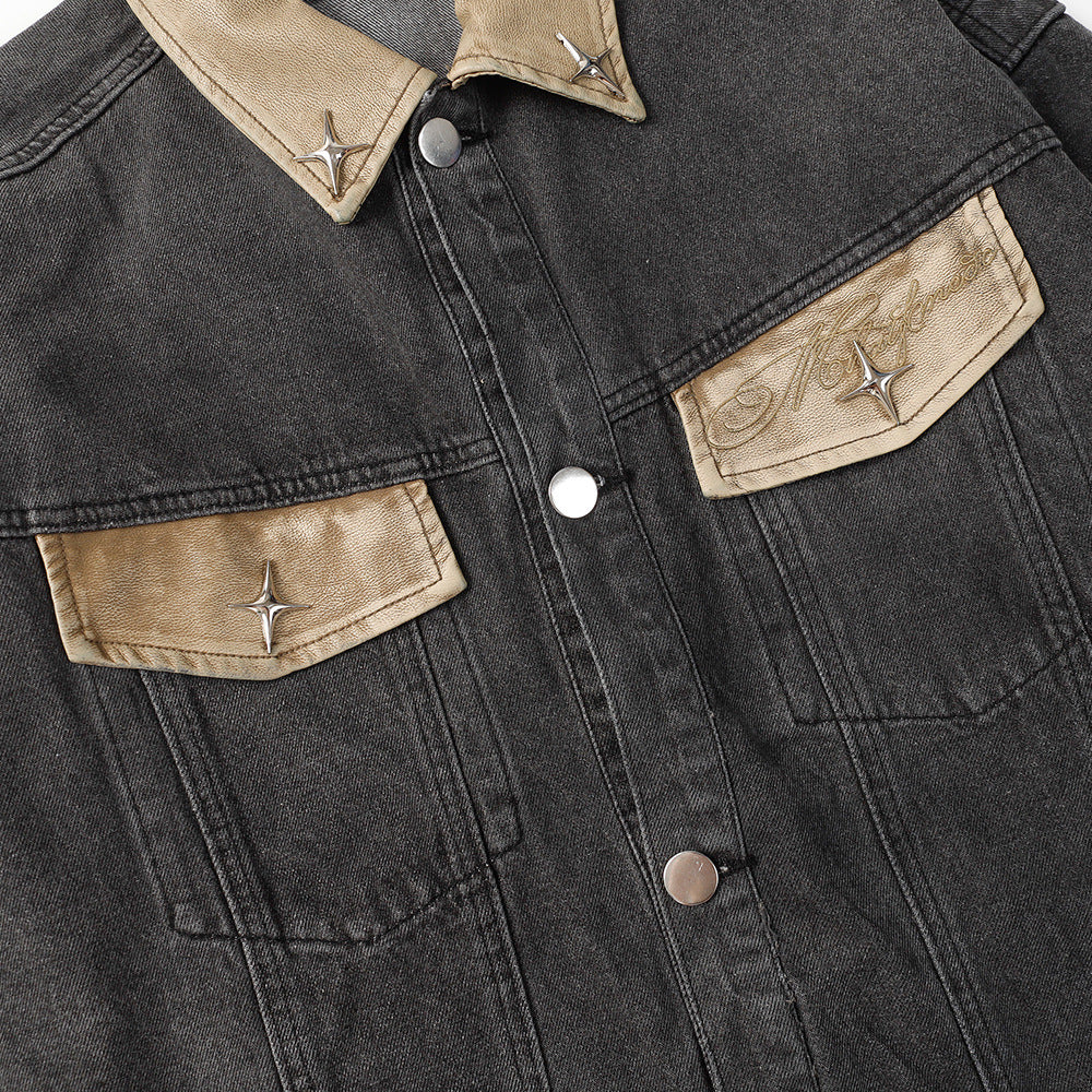 Contrast Color Leather Patchwork Lapel Pocket Denim Clothes Jacket