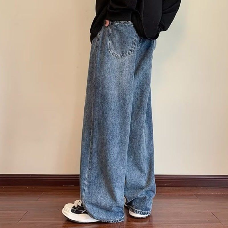 Solid Color Vintage Jeans Men's And Women's Loose Belt Straight Leg Pants