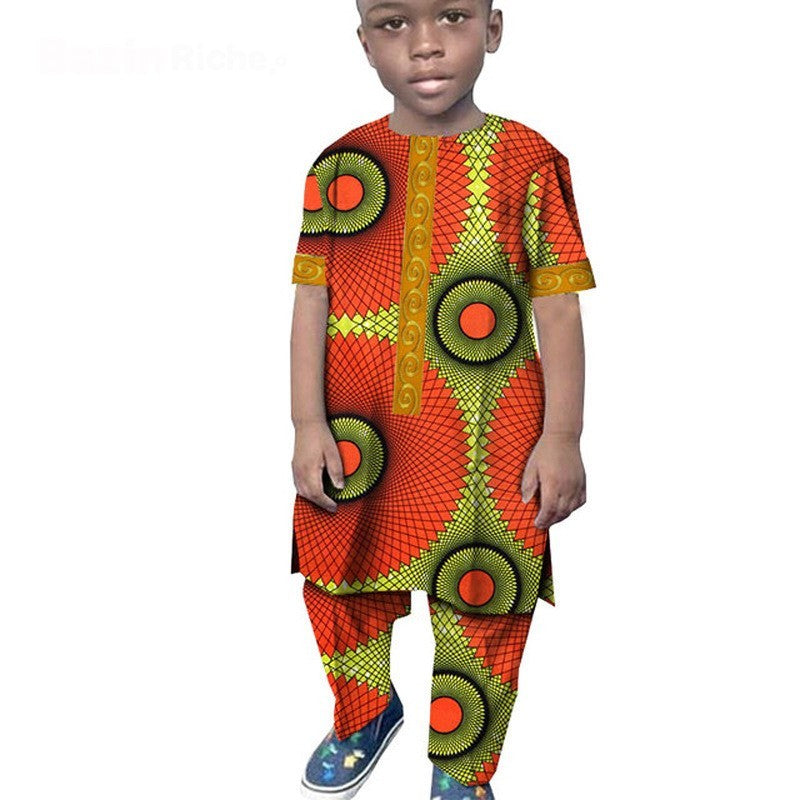 African Boy Suit Cotton Wax Cloth T-shirt And Pants Suit