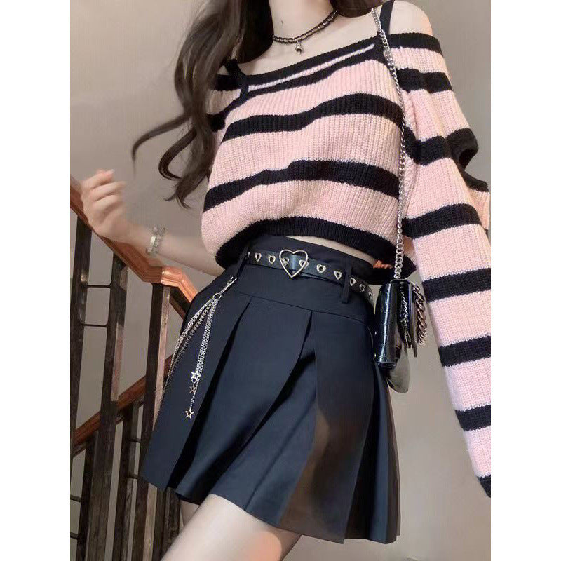 Striped Sweater Pleated Skirt Suit Women
