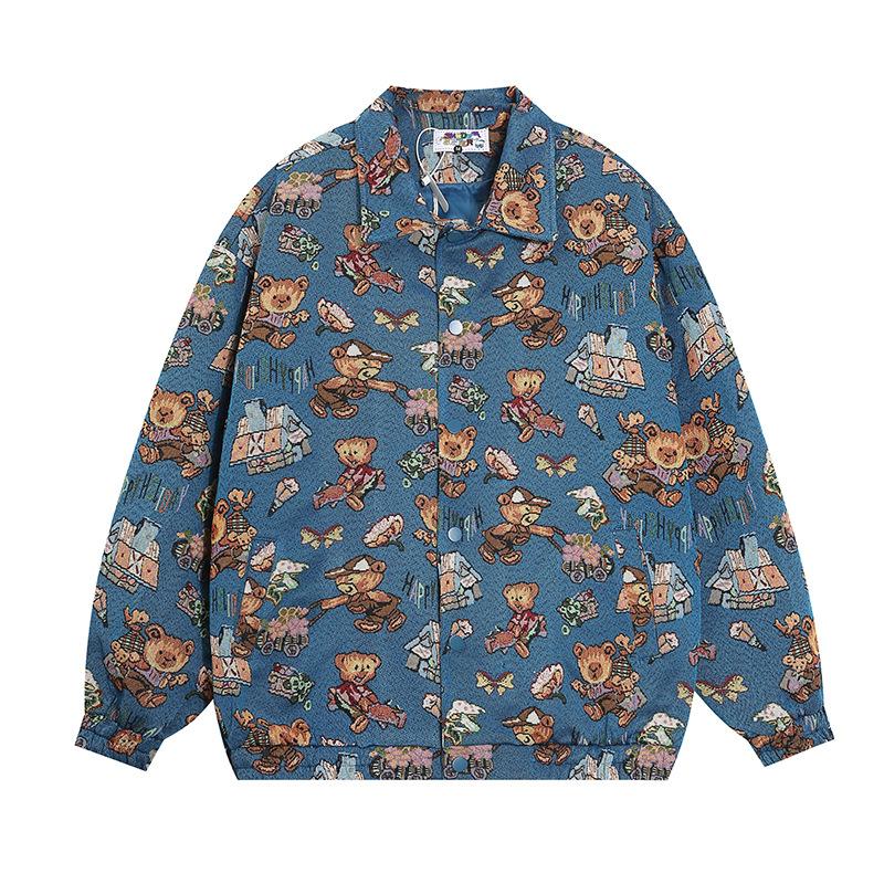 National Fashion Brand Full Printed Jacquard Lapel Autumn Jacket Men's And Women's Loose All-match Couple's College Style Jacket