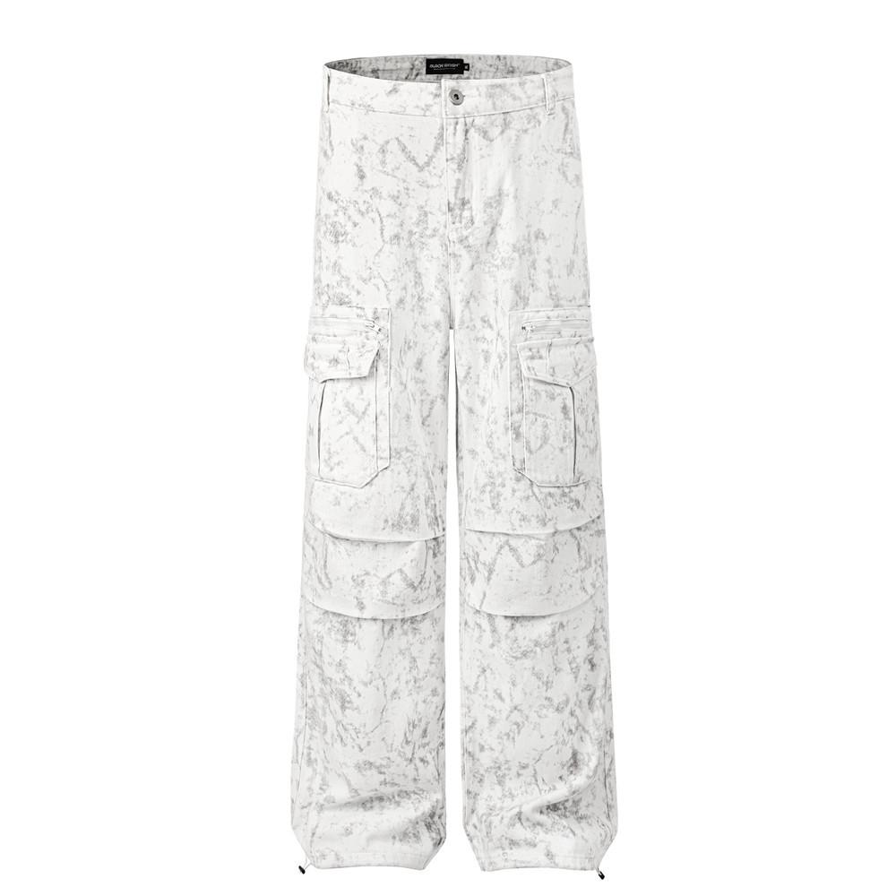 Tie-Dye Contrast Multi-Pocket Crane Pants Men's Loose Street Fashion Pleated Casual Straight Pants Wide-Leg Pants