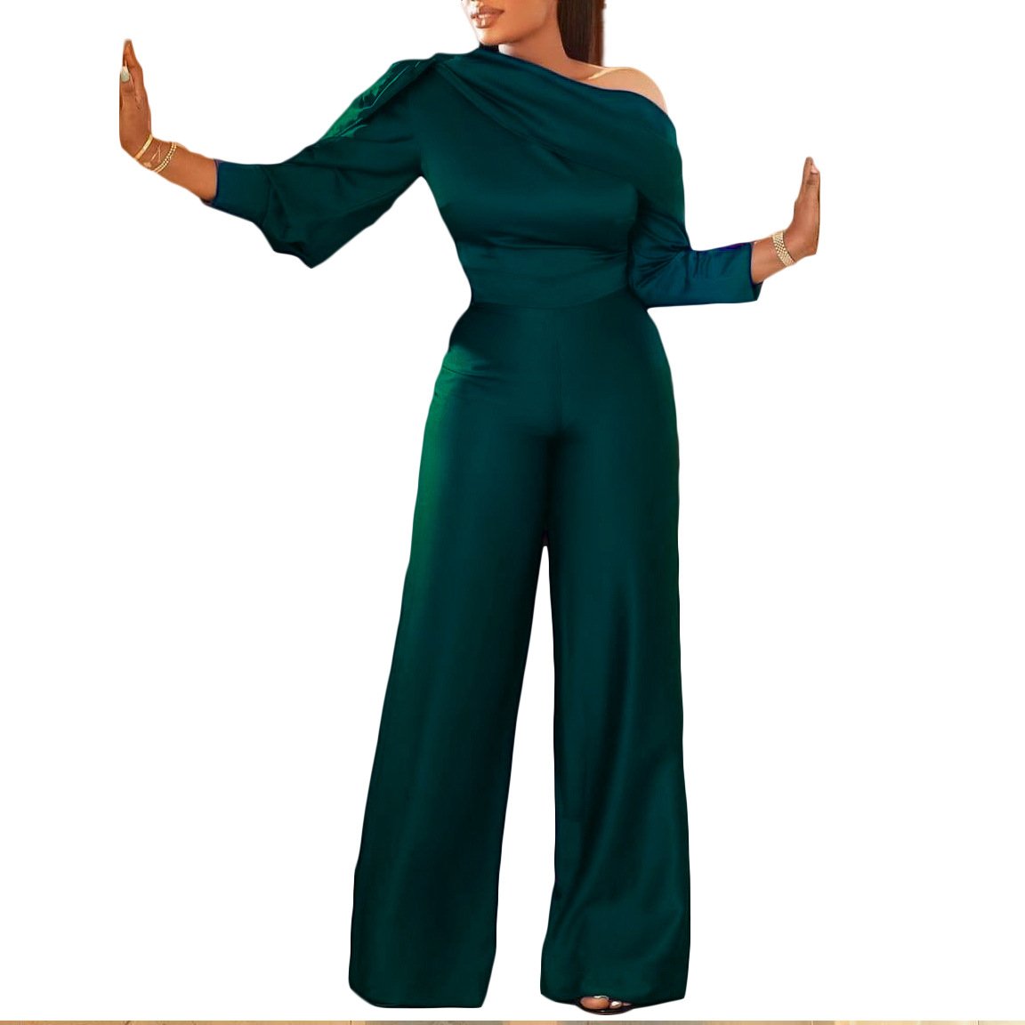 AB10ATE D144T 2021 New Autumn Plus Size Independent Station Casual Solid Color Oblique Shoulder Tongle European And American Women's Foreign Trade Jumpsuit