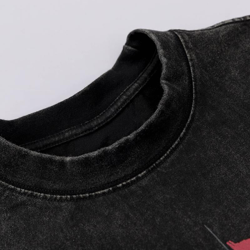 Streetwear Ship Graphic T Shirt Washed Loose Tees Hip Hop Fashion Summer Casual Top Short Sleeve Black