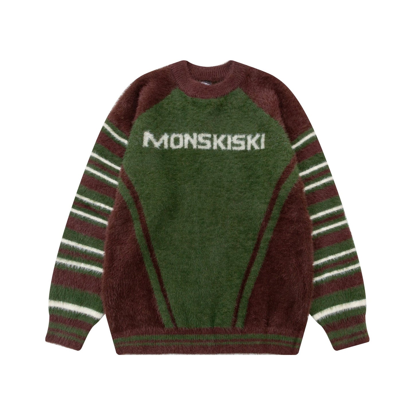 American Retro Winter Pullover Sweater Round Neck Raglan Sleeve Color Blocked Letter Jacquard Soft Knit Sweater