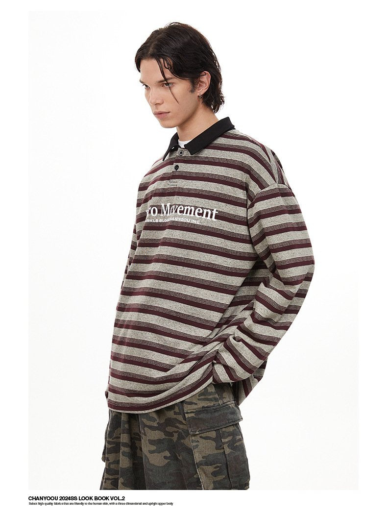 American Style Retro Striped Polo Collar Long-sleeved T-shirt Autumn Fashion Brand Loose All-match Lapel Couple Top