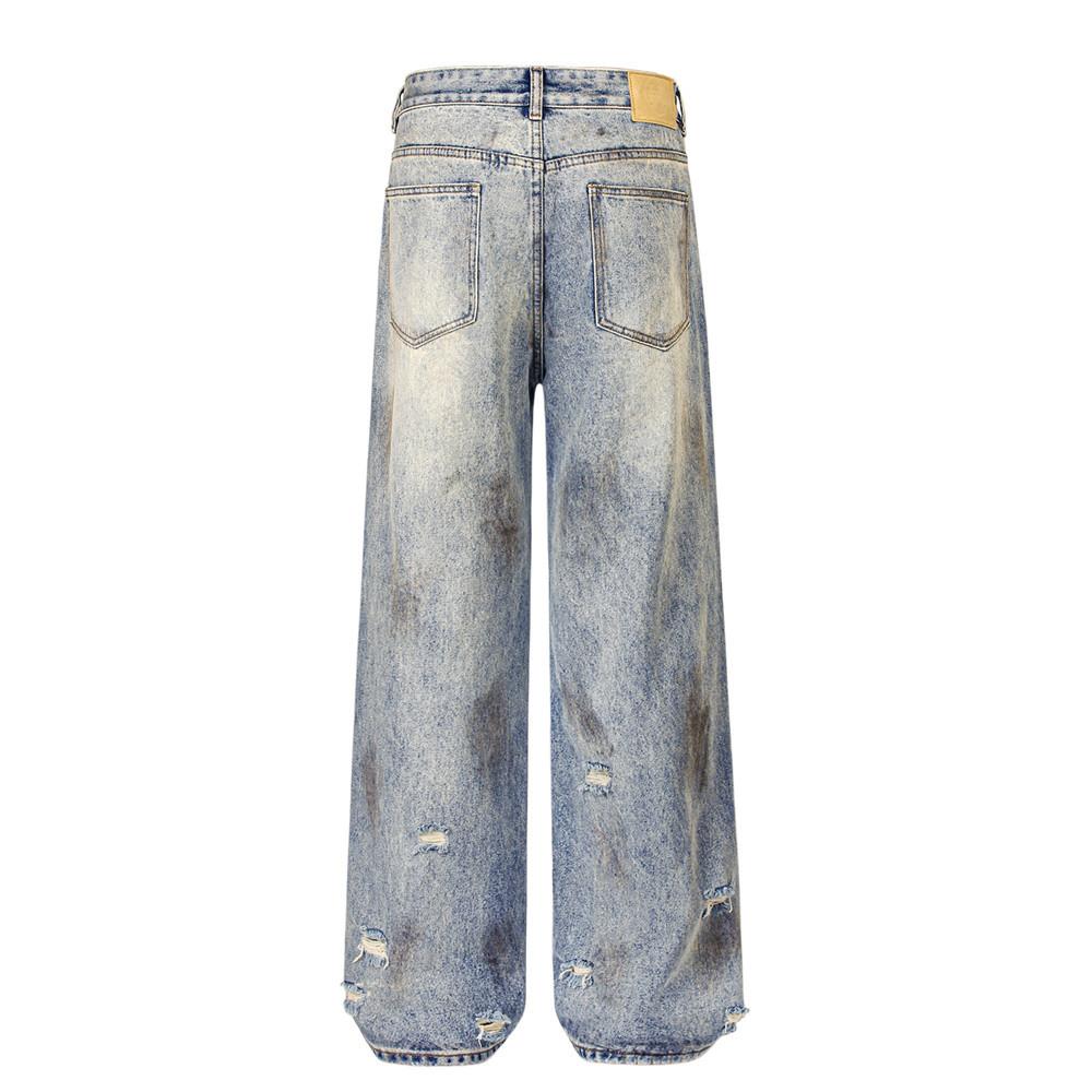 Dirty Dyed Washed Old Ripped Jeans Men's High Street American Style Fashion Brand Straight Pants Loose Wide-leg Long Pants