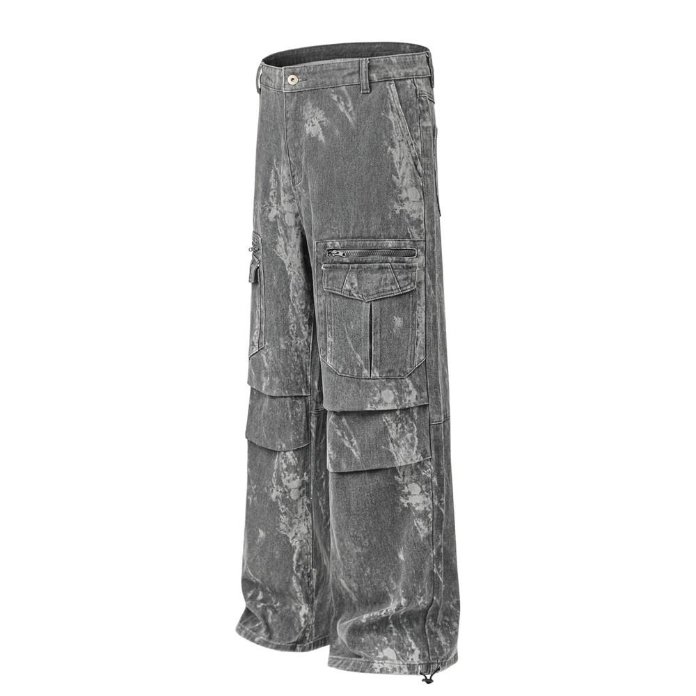 Tie-Dye Contrast Multi-Pocket Crane Pants Men's Loose Street Fashion Pleated Casual Straight Pants Wide-Leg Pants