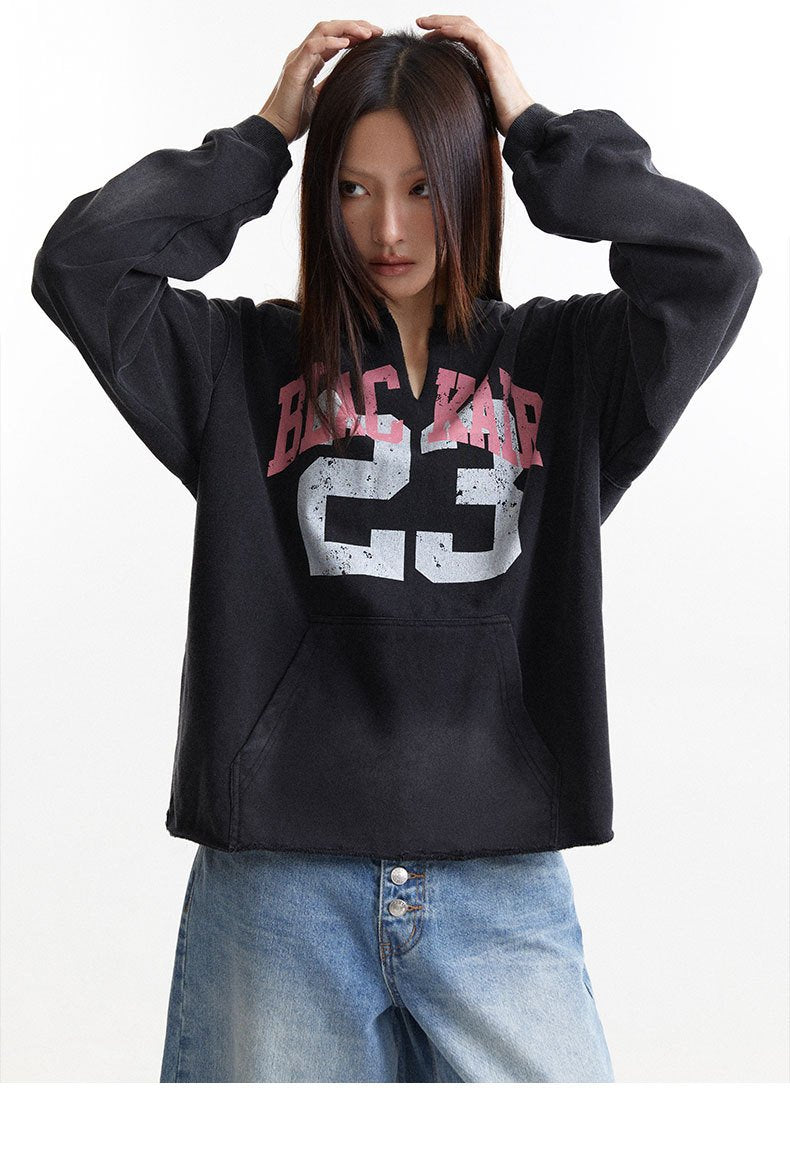Autumn And Winter New American Style Retro Letter Printing Washed Old V-neck Pullover Sweat For Men And Women