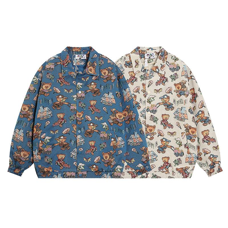 National Fashion Brand Full Printed Jacquard Lapel Autumn Jacket Men's And Women's Loose All-match Couple's College Style Jacket