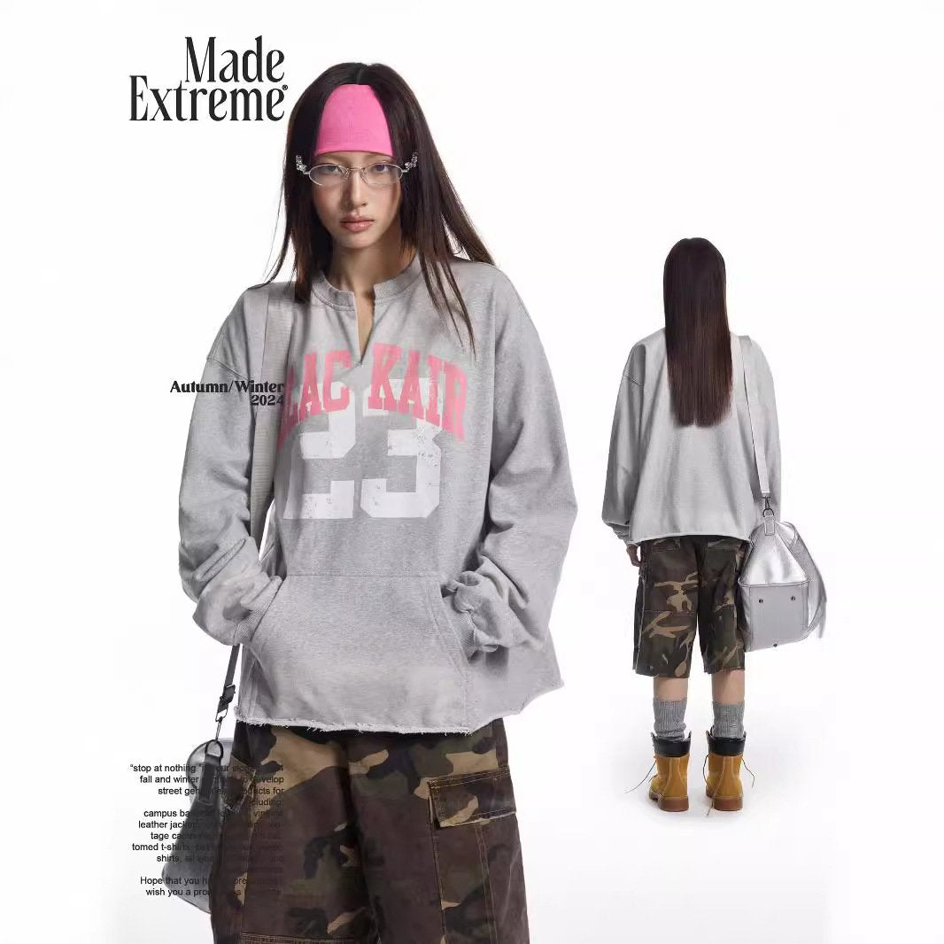 Autumn And Winter New American Style Retro Letter Printing Washed Old V-neck Pullover Sweat For Men And Women