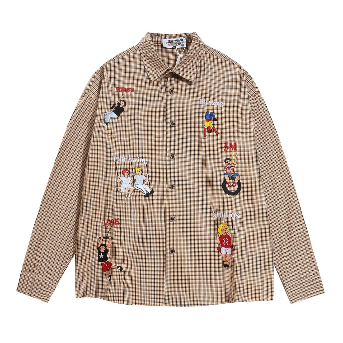 American Vintage Figure Embroidered Plaid Long Sleeve Shirt Men's And Women's Autumn Loose Casual Shirt Jacket
