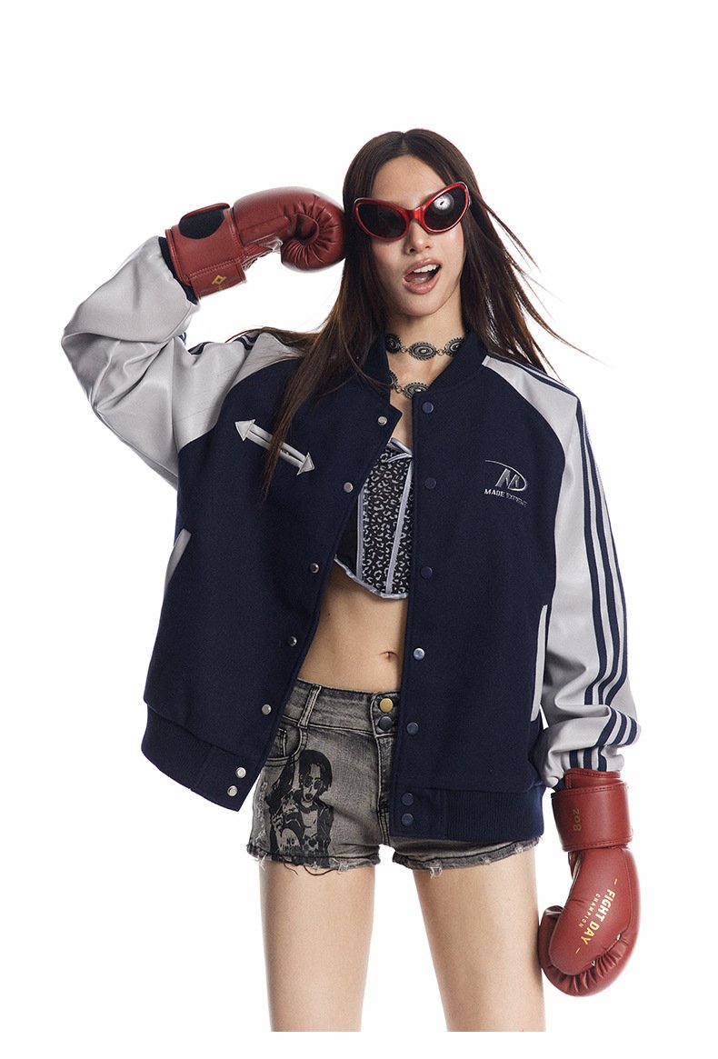 Autumn And Winter American Retro Color-block Pu Leather Sleeve Street Jacket Sports Baseball Suit Jacket For Men And Women