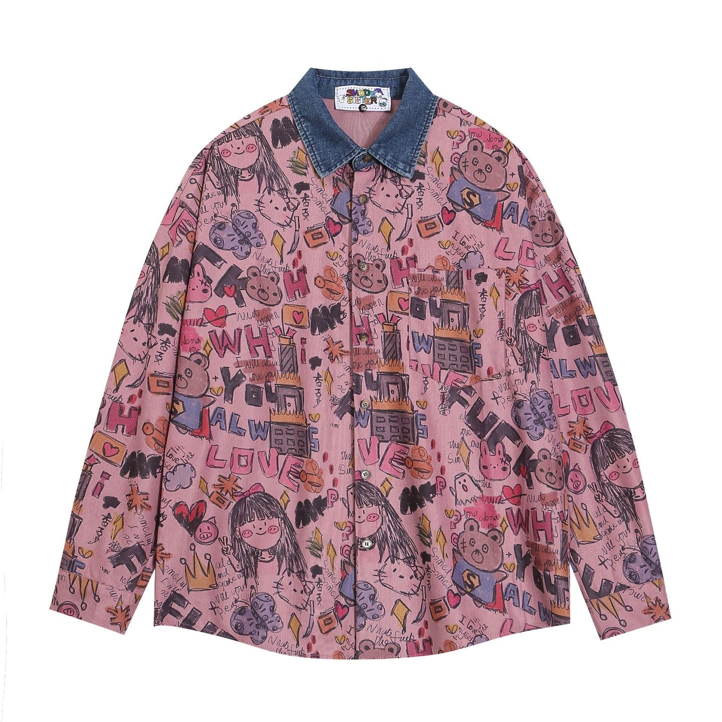 Vintage Academy Style Full Print Graffiti Print Long Sleeve Shirt For Men And Women Spring And Autumn Loose Casual Jacket Trendy