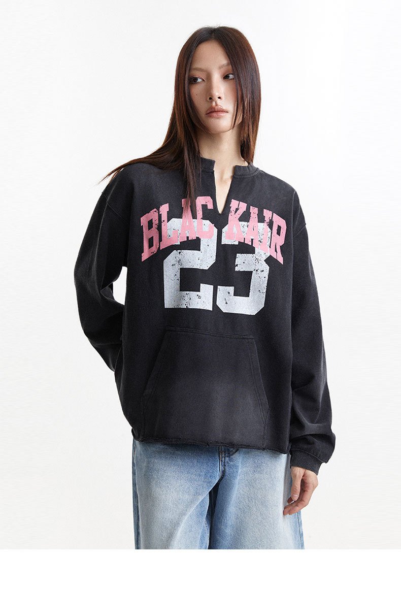 Autumn And Winter New American Style Retro Letter Printing Washed Old V-neck Pullover Sweat For Men And Women