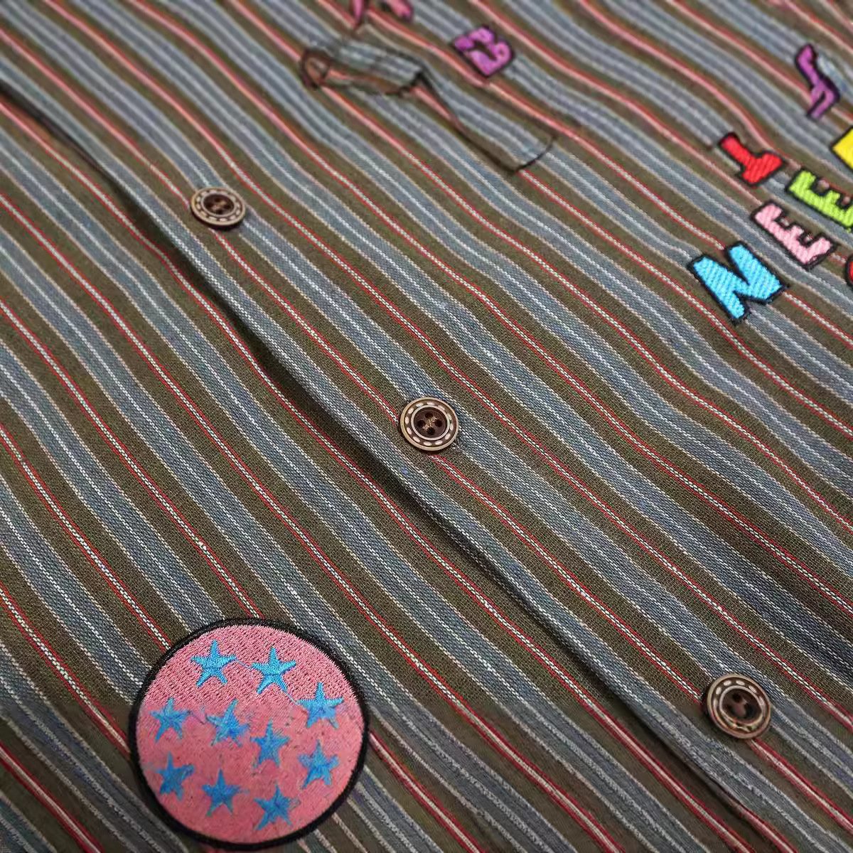 Vintage Hong Kong Style Cartoon Embroidered Vertical Stripe Long Sleeve Shirt Men's 2024 New Loose Shirt Jacket