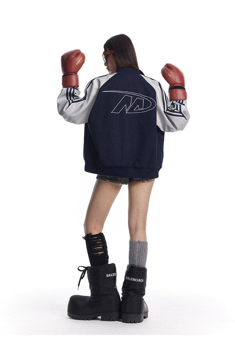 Autumn And Winter American Retro Color-block Pu Leather Sleeve Street Jacket Sports Baseball Suit Jacket For Men And Women