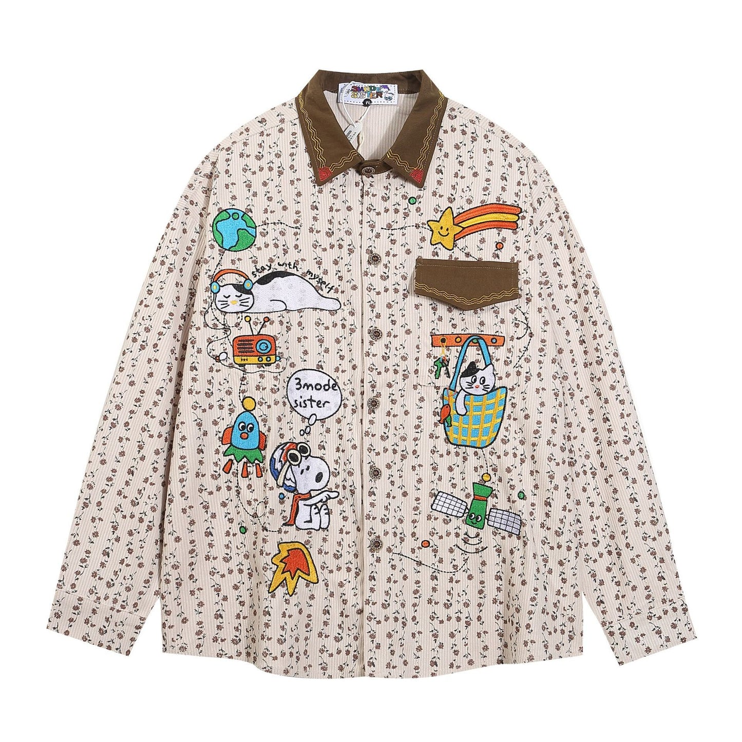 Japanese Style Vintage Contrast Cartoon Embroidered Long-sleeved Shirt Men's And Women's Autumn Loose Casual Couple Shirt