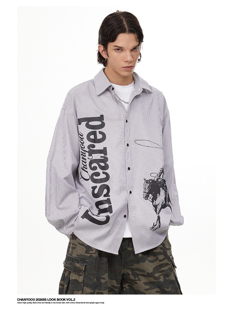 American Style Retro Printed Vertical Stripe Shirt Autumn Fashion Brand Profile Loose All-match Long-sleeved Shirt