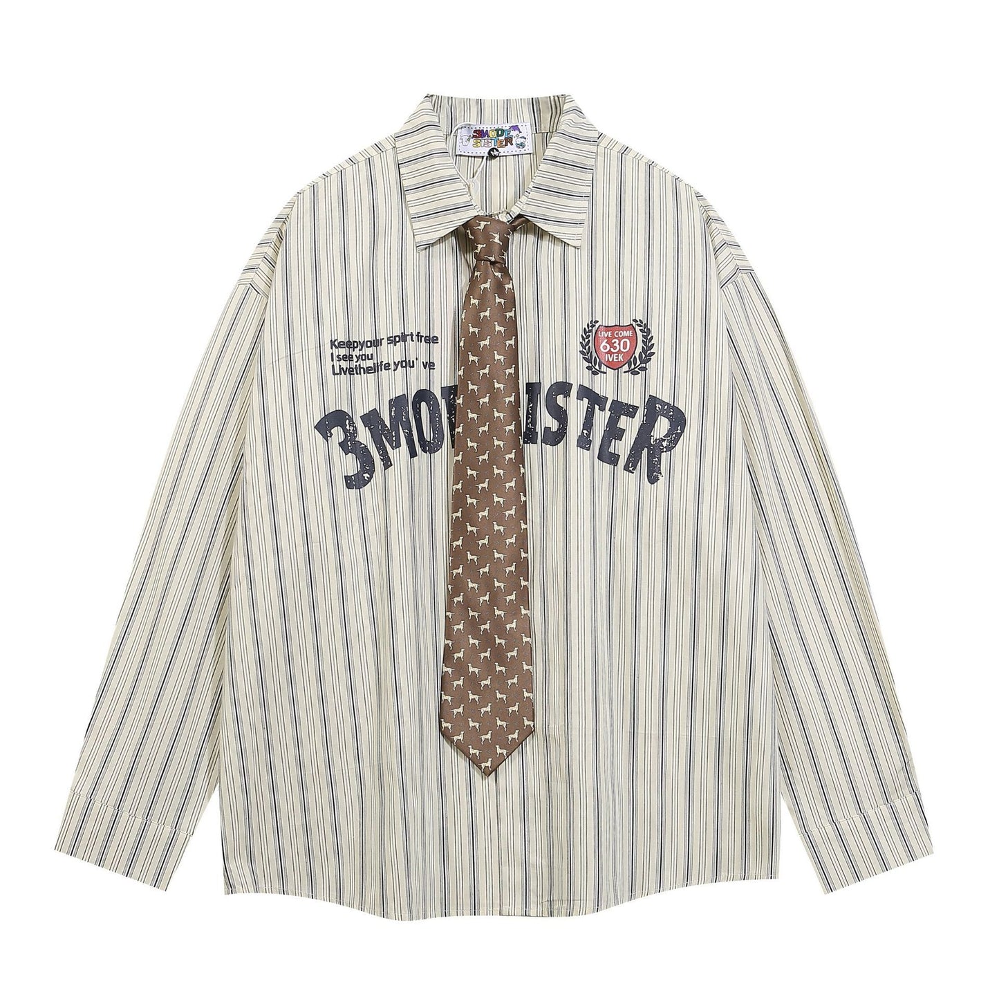 Tie Striped Long Sleeve Shirt 2024 Autumn New Loose Bf American Academy Style Couple Top
