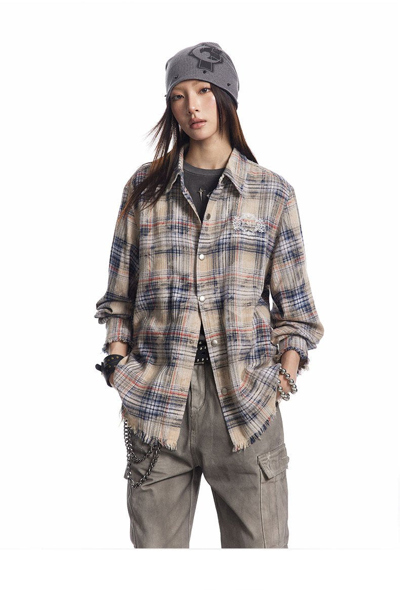 24 Fall/Winter American Vintage Embroidered Letters Washed Old Street Plaid Long Sleeve Shirt For Men