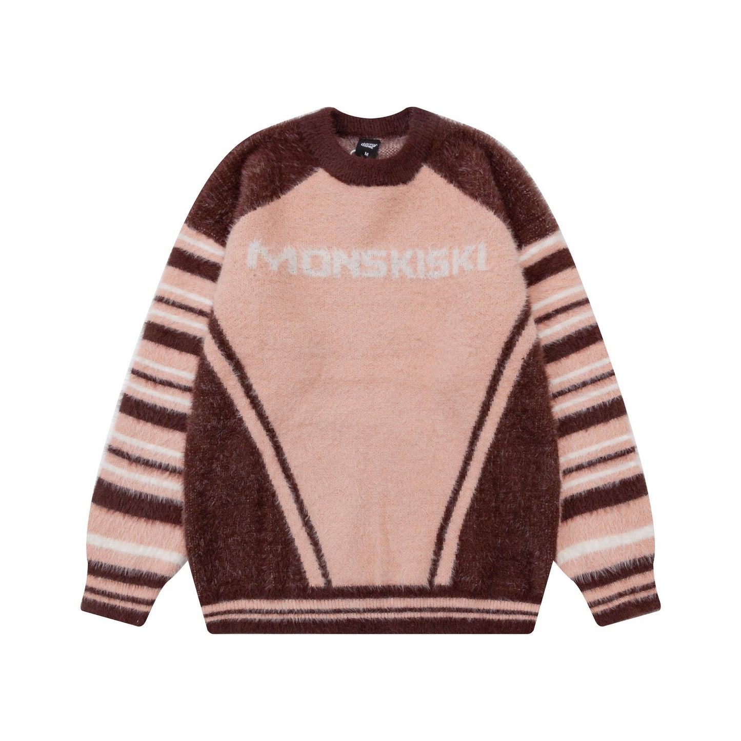 American Retro Winter Pullover Sweater Round Neck Raglan Sleeve Color Blocked Letter Jacquard Soft Knit Sweater