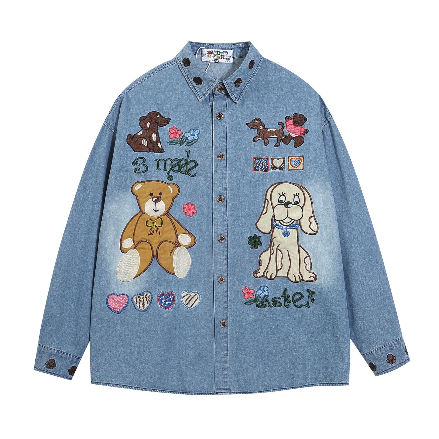 American Style Retro Fun Cartoon Embroidered Denim Long-sleeved Shirt Jacket Loose Casual All-match Couple