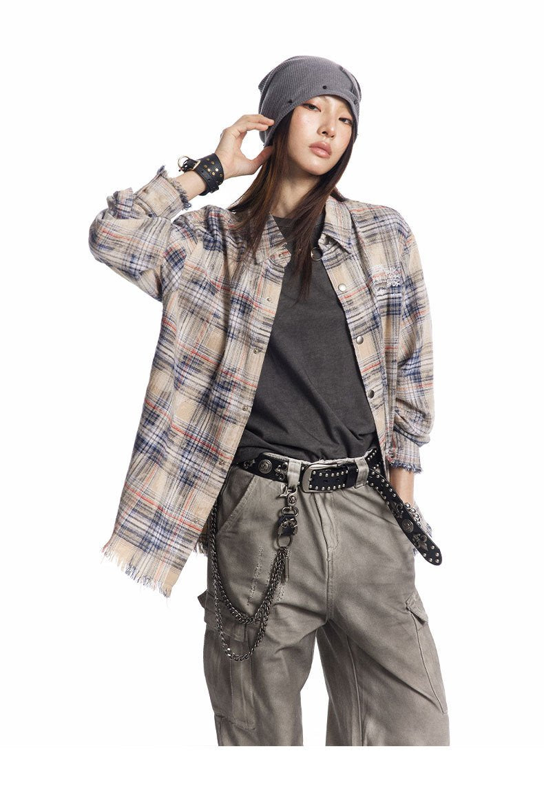 24 Fall/Winter American Vintage Embroidered Letters Washed Old Street Plaid Long Sleeve Shirt For Men