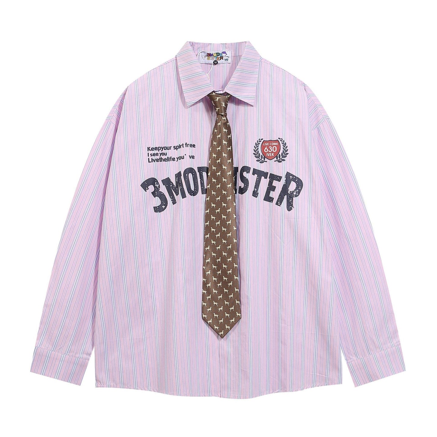 Tie Striped Long Sleeve Shirt 2024 Autumn New Loose Bf American Academy Style Couple Top