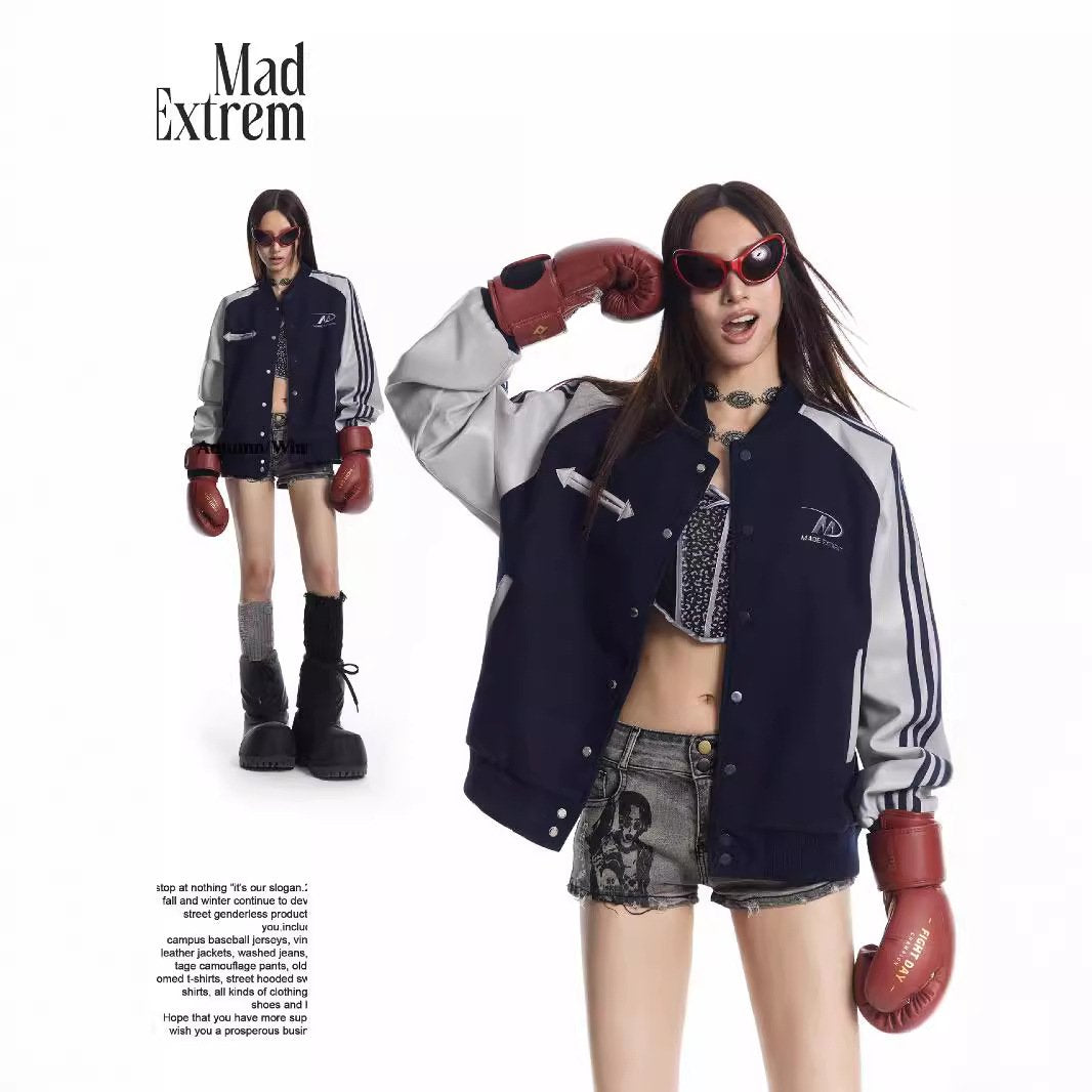 Autumn And Winter American Retro Color-block Pu Leather Sleeve Street Jacket Sports Baseball Suit Jacket For Men And Women