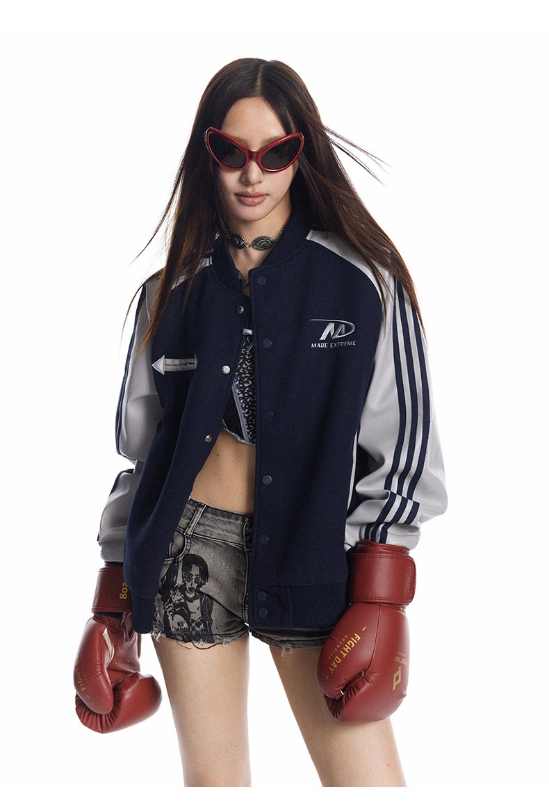 Autumn And Winter American Retro Color-block Pu Leather Sleeve Street Jacket Sports Baseball Suit Jacket For Men And Women