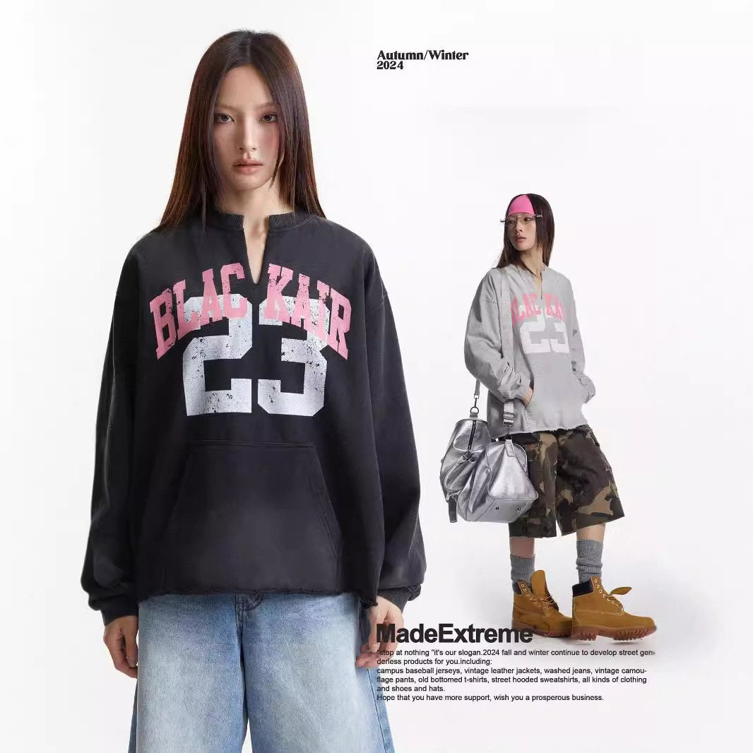 Autumn And Winter New American Style Retro Letter Printing Washed Old V-neck Pullover Sweat For Men And Women